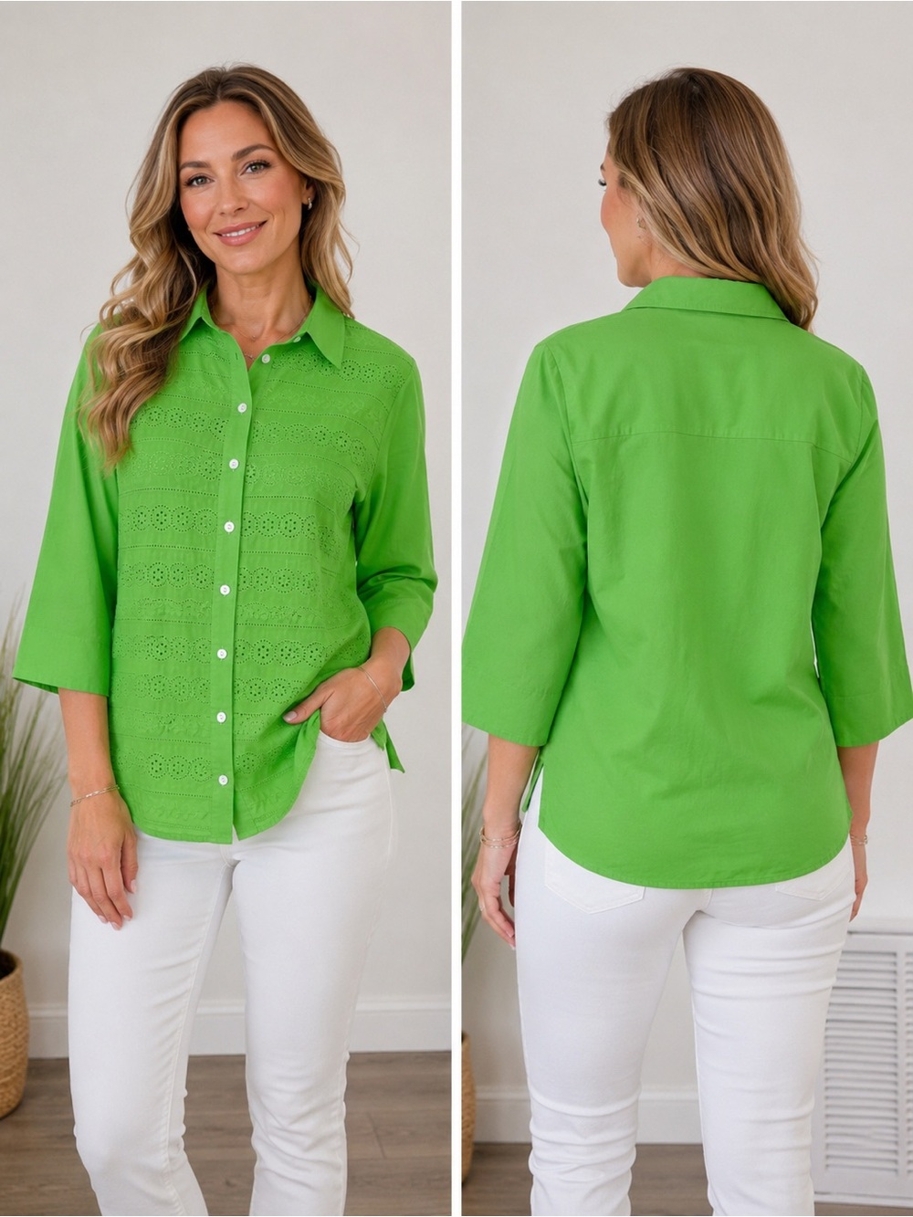 Women’s Eyelet Button-Front Shirt - Bright Green